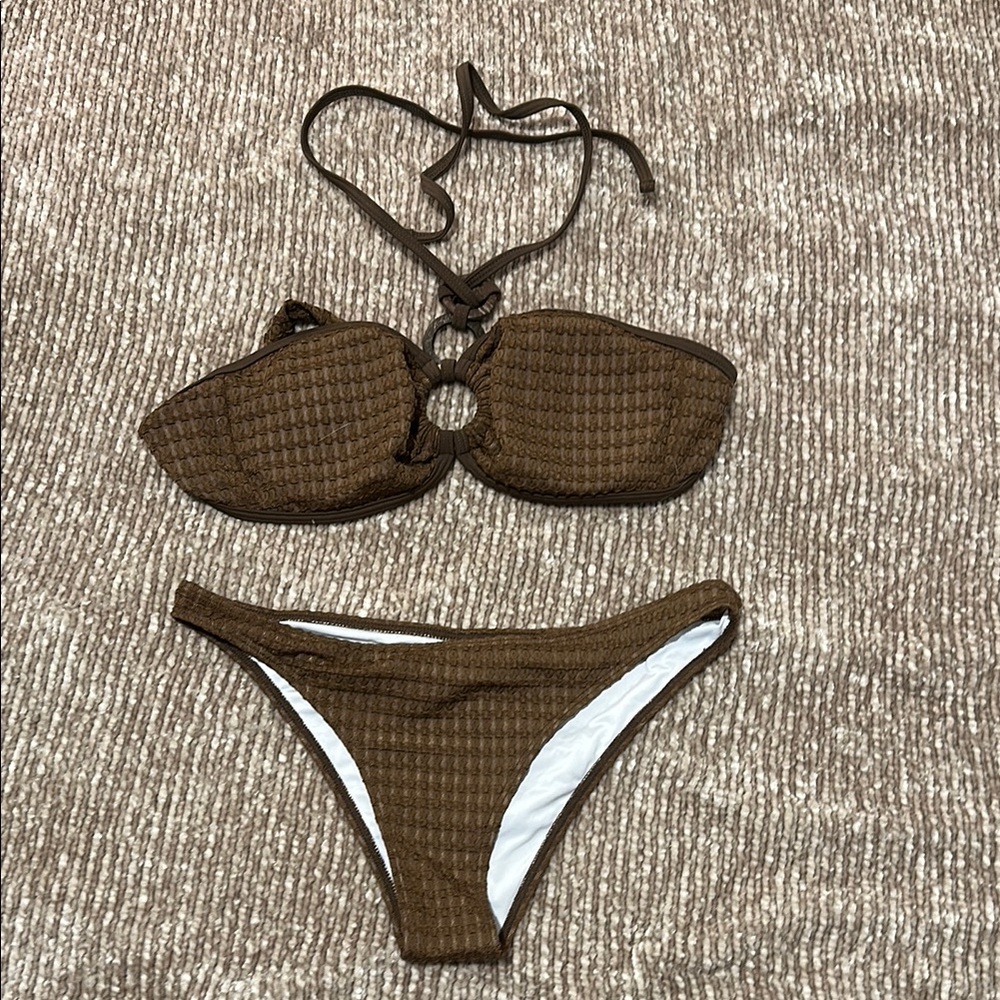 3 piece Brown Halter Bikini Set